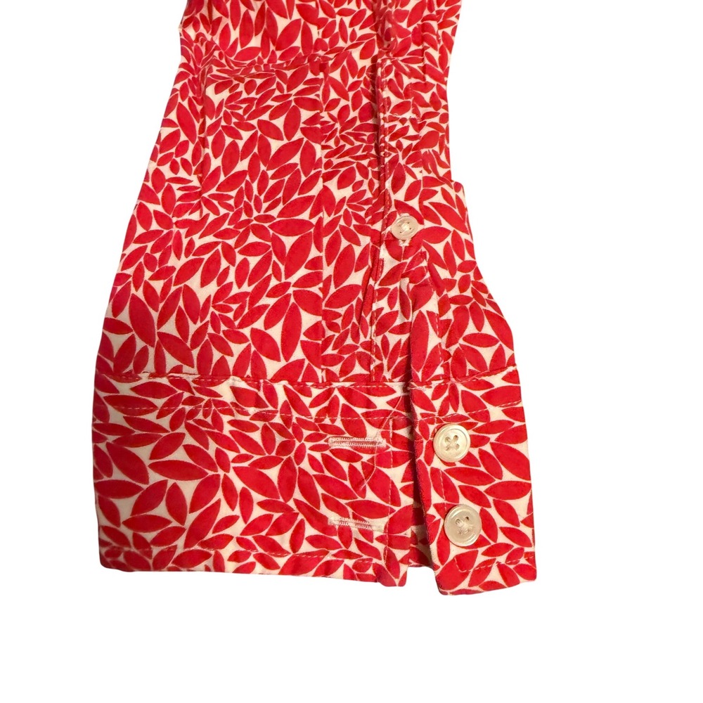 Lands End Womens Red White Leaf Print Button Up Shirt Size 14 Stretch Cotton - Picture 3 of 6